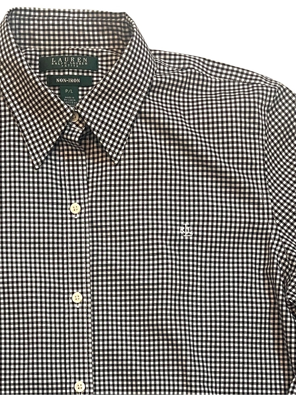 Lauren Ralph Lauren Non Iron Black Gingham Button Down Shirt Petite Large Cotton